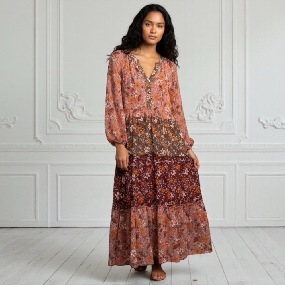 Figs and Flower Orange Pink Floral Tiered Maxi Dress Size Small.